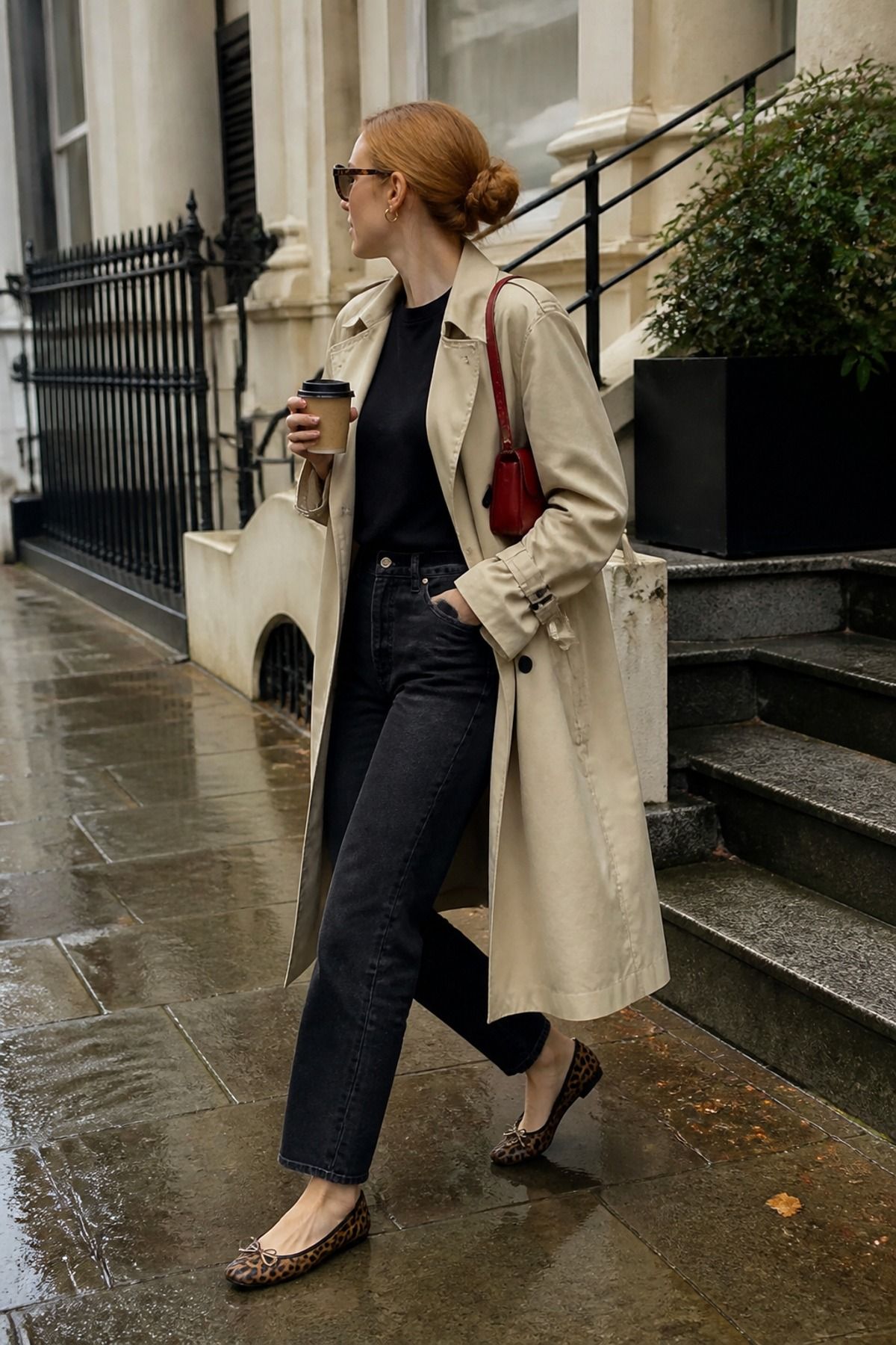 Woman wearing a trench coat with dark denim, a casual chic outfit