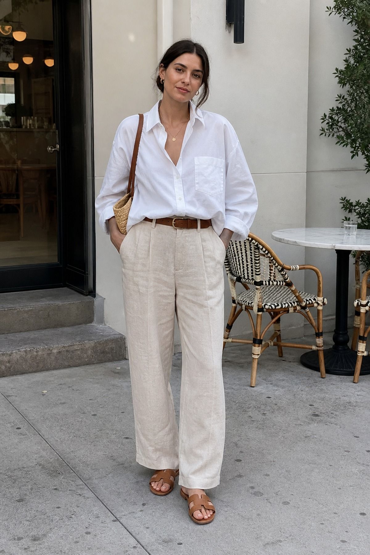Woman wearing a poplin shirt with linen trousers, a clean girl outfit