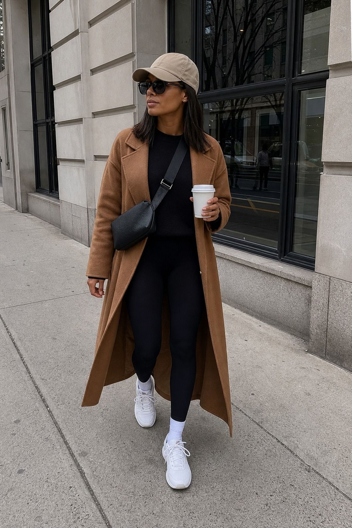 Woman wearing black leggings with a long coat, a clean girl outfit