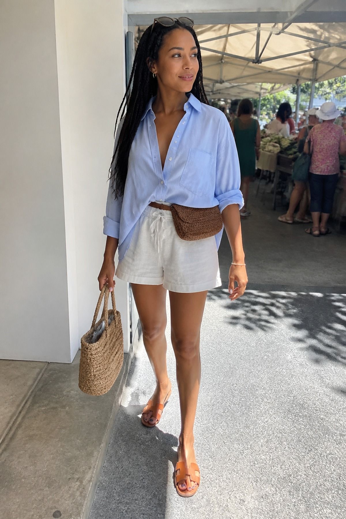 Woman wearing a button-down with pull-on shorts, a clean girl outfit