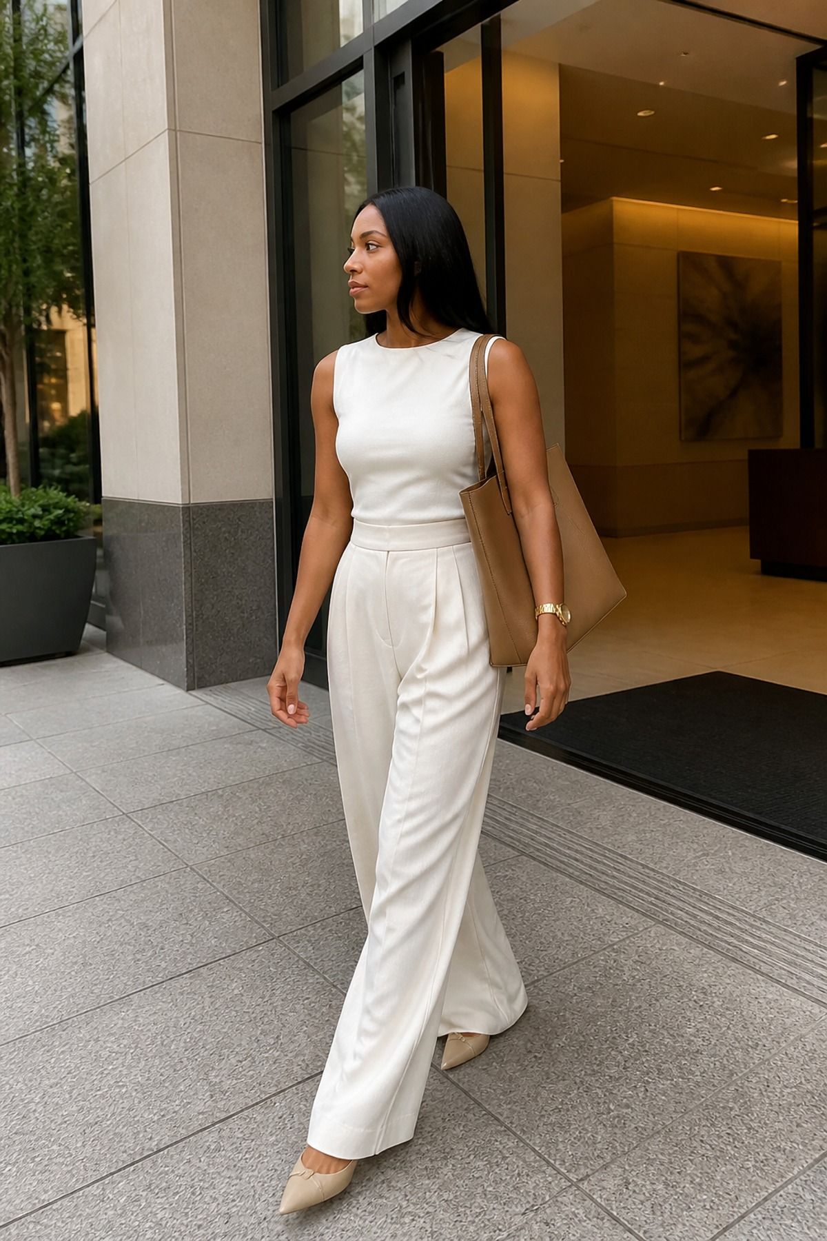 Woman carrying a structured tote with a monochrome cream outfit, a clean girl outfit