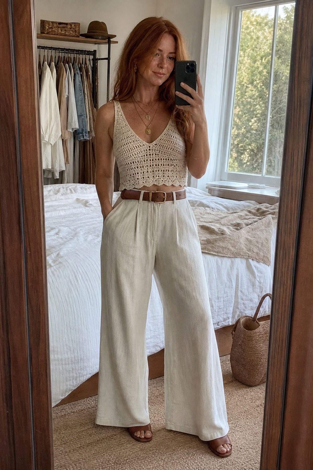 Woman wearing a crochet top with linen pants and a Western belt, a coastal cowgirl outfit