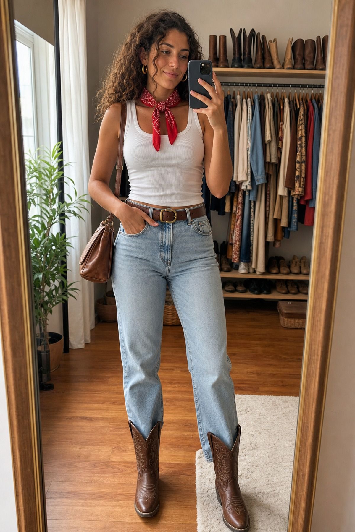 Woman wearing a bandana scarf with a tank and jeans, a coastal cowgirl outfit