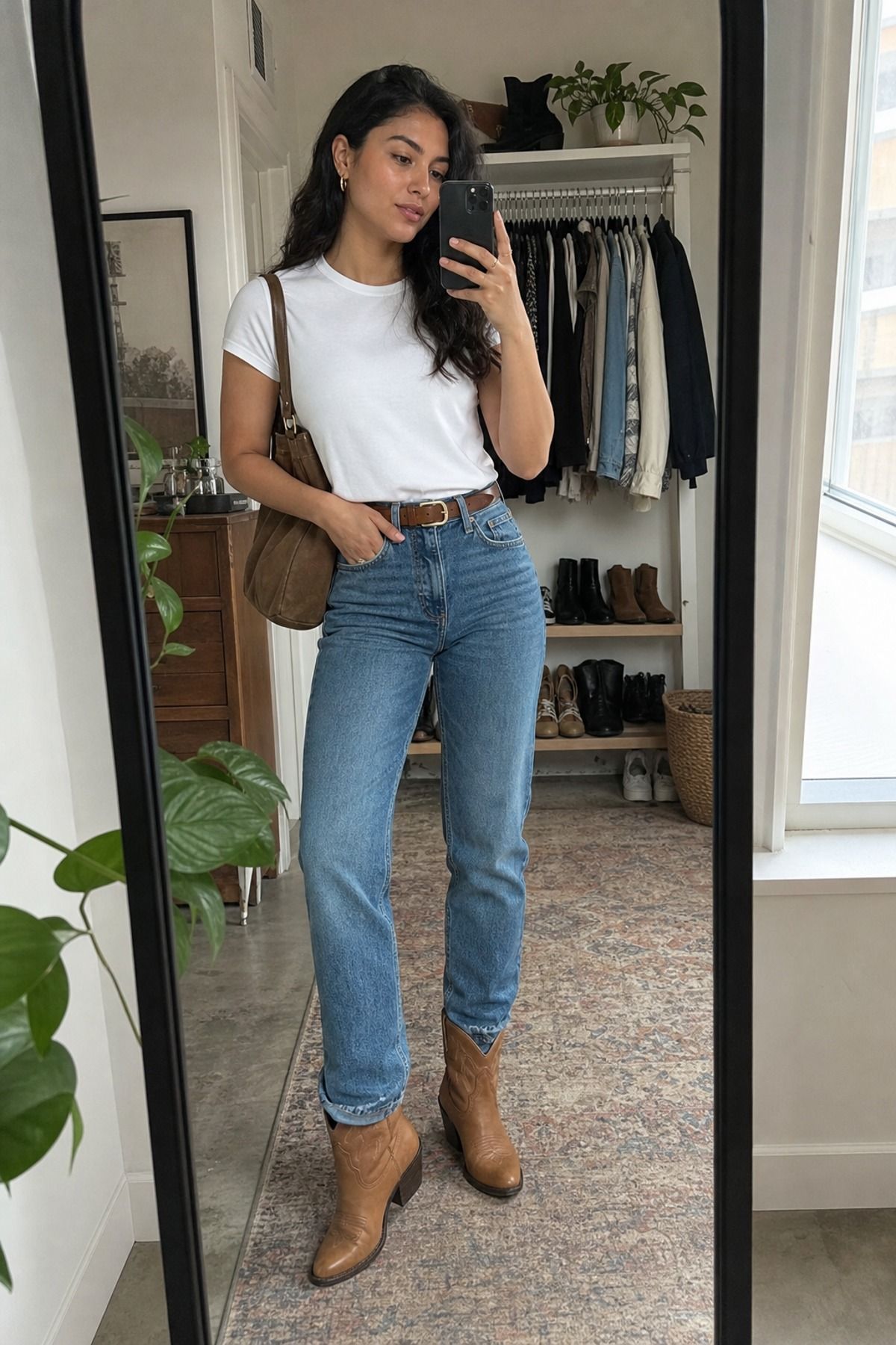 Woman wearing straight jeans with cowboy boots