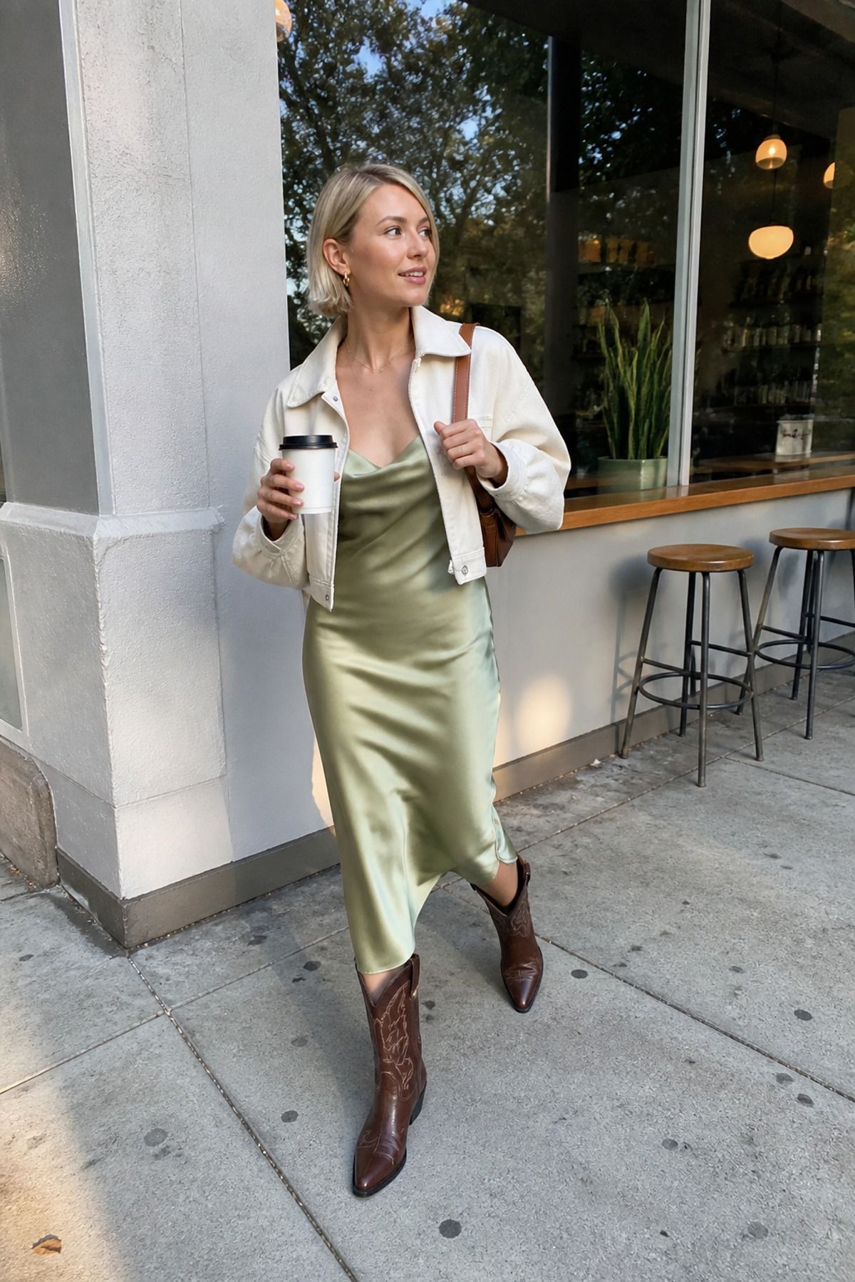 Woman wearing a summer dress with cowboy boots