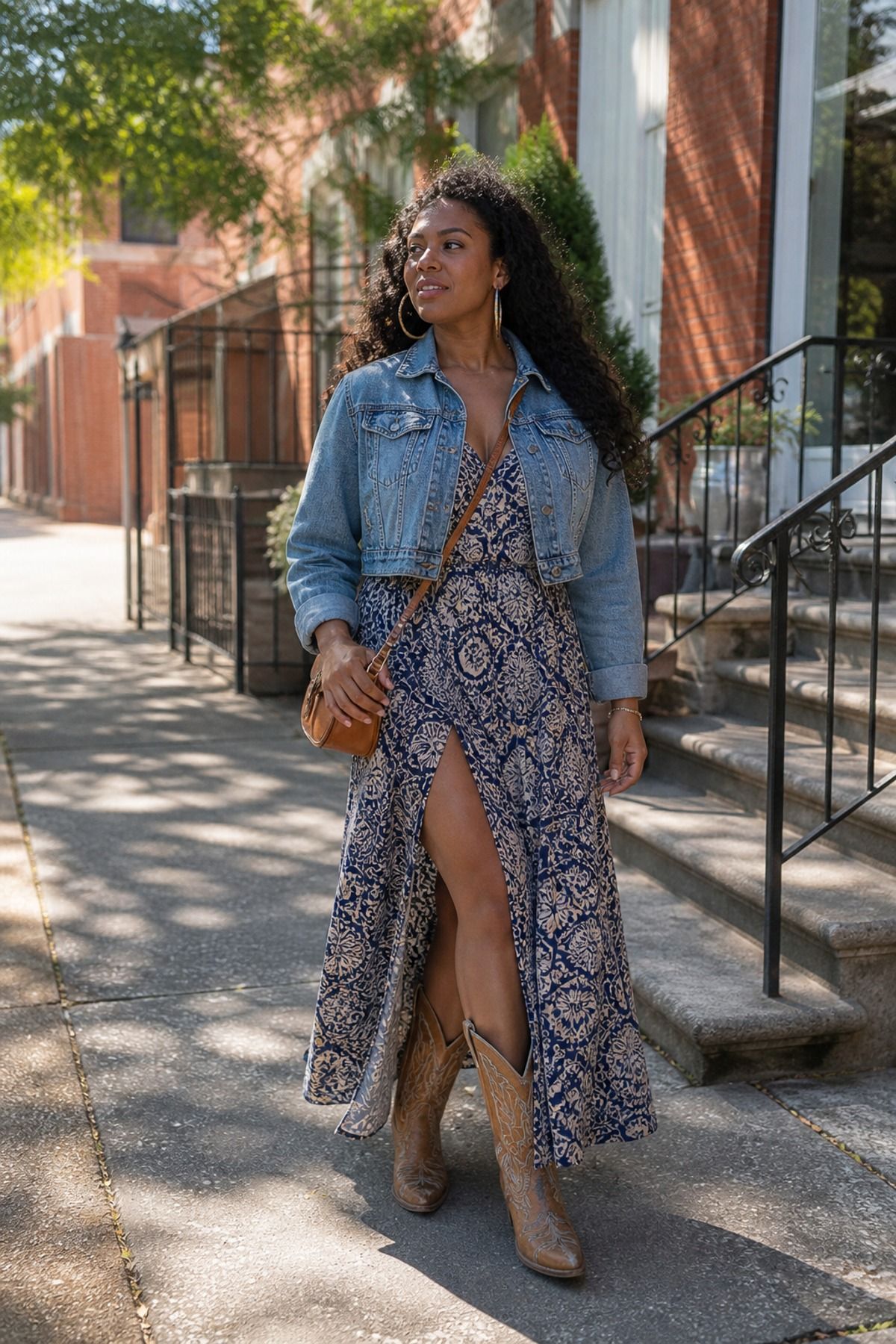 Woman wearing a maxi dress with cowboy boots