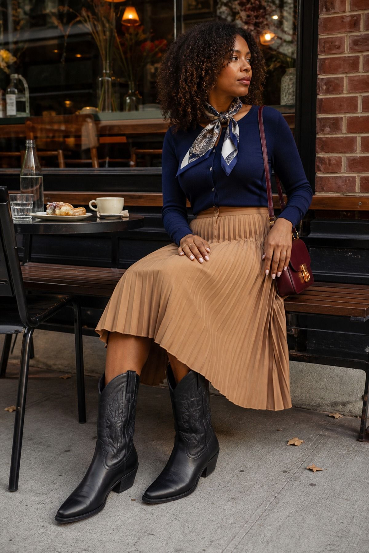 Woman wearing a pleated skirt with cowboy boots