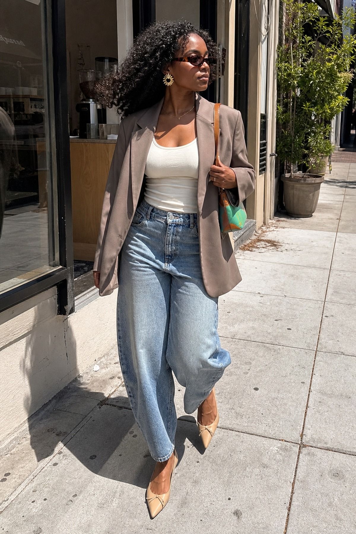 Woman wearing a blazer with barrel jeans, an effortless chic outfit