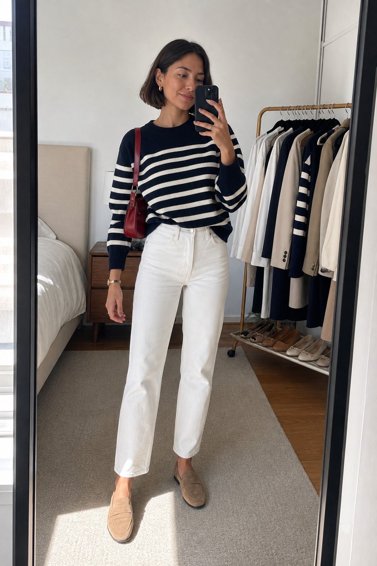 Woman wearing a striped sweater with white jeans, an effortless chic outfit