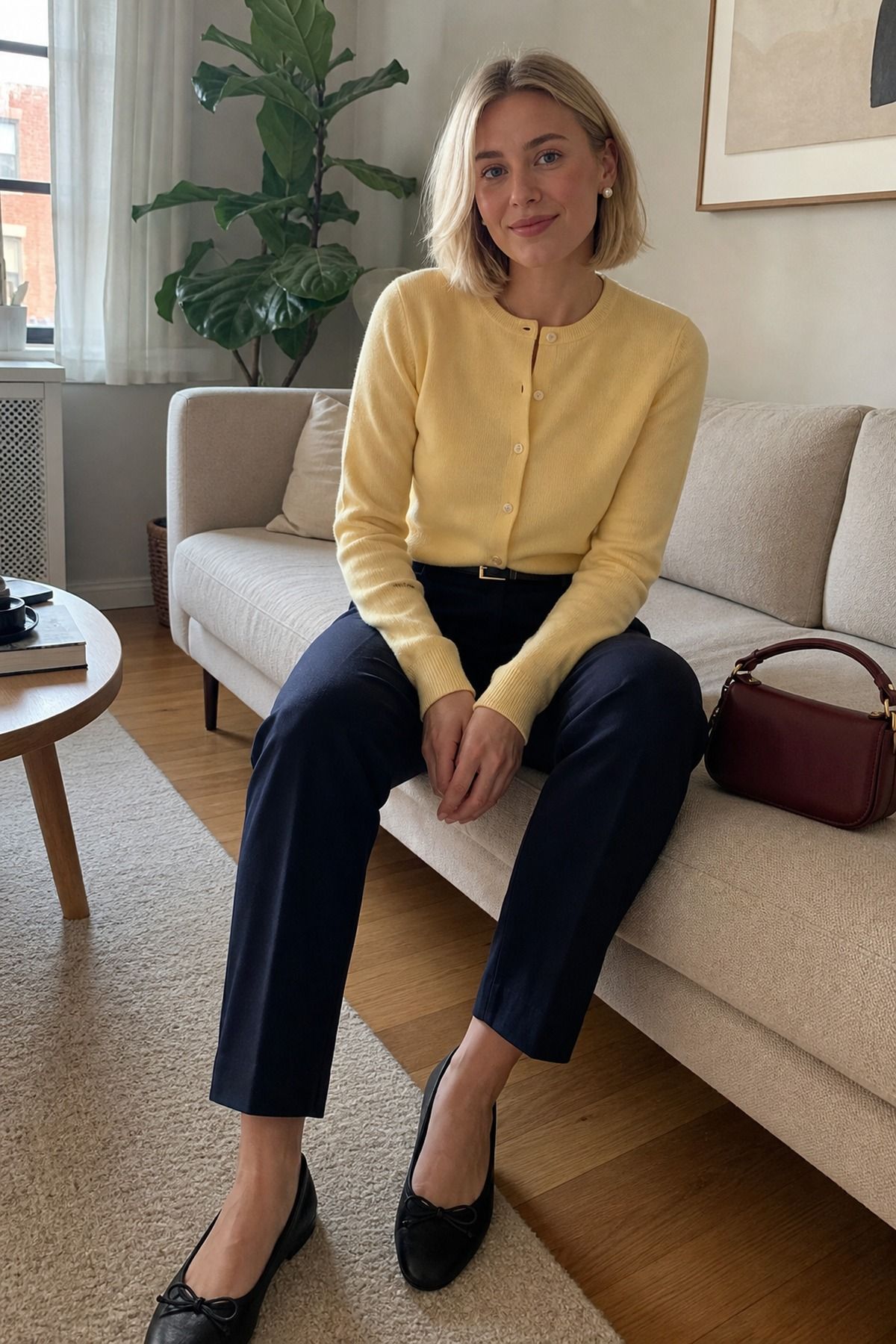 Woman wearing a fine knit cardigan with straight pants, an effortless chic outfit