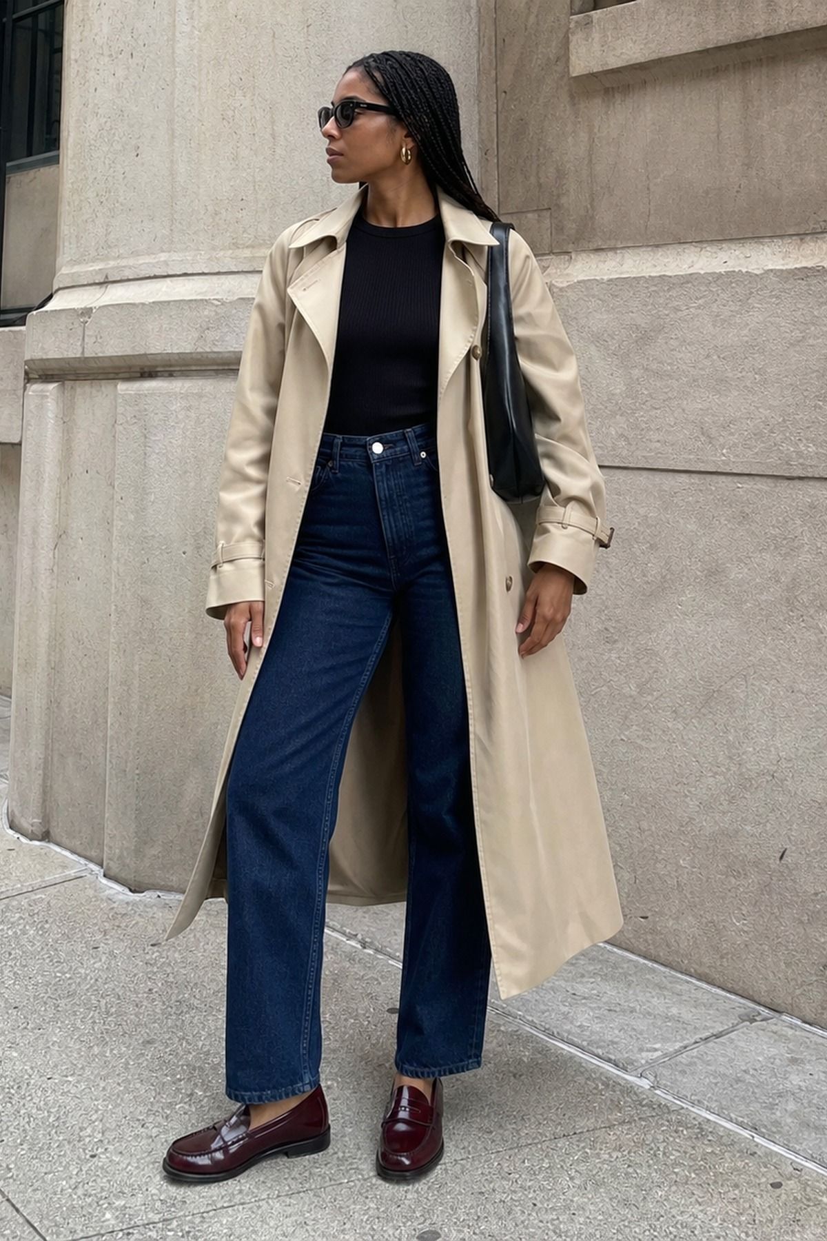 Woman wearing a trench coat with dark denim, an effortless chic outfit
