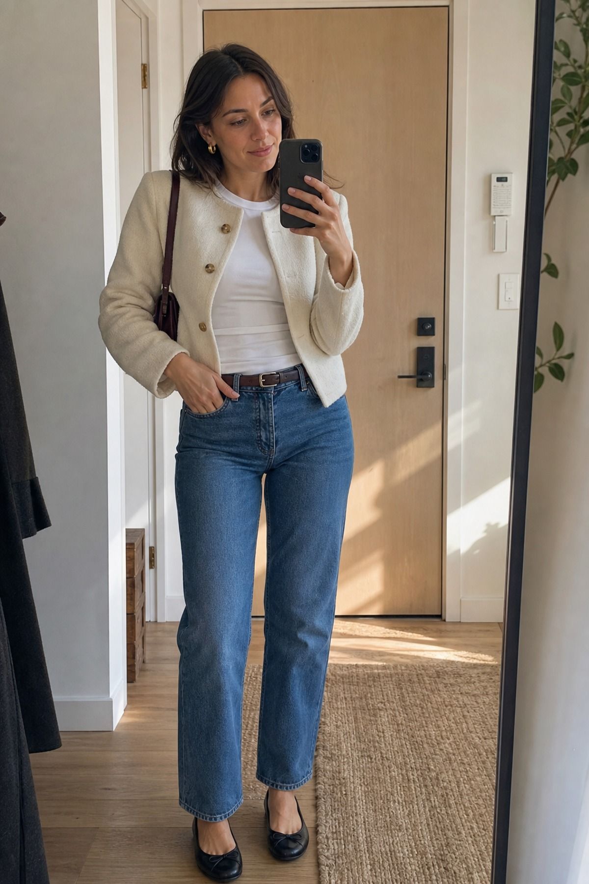 Woman wearing straight jeans with ballet flats and a cream jacket, a French girl casual outfit