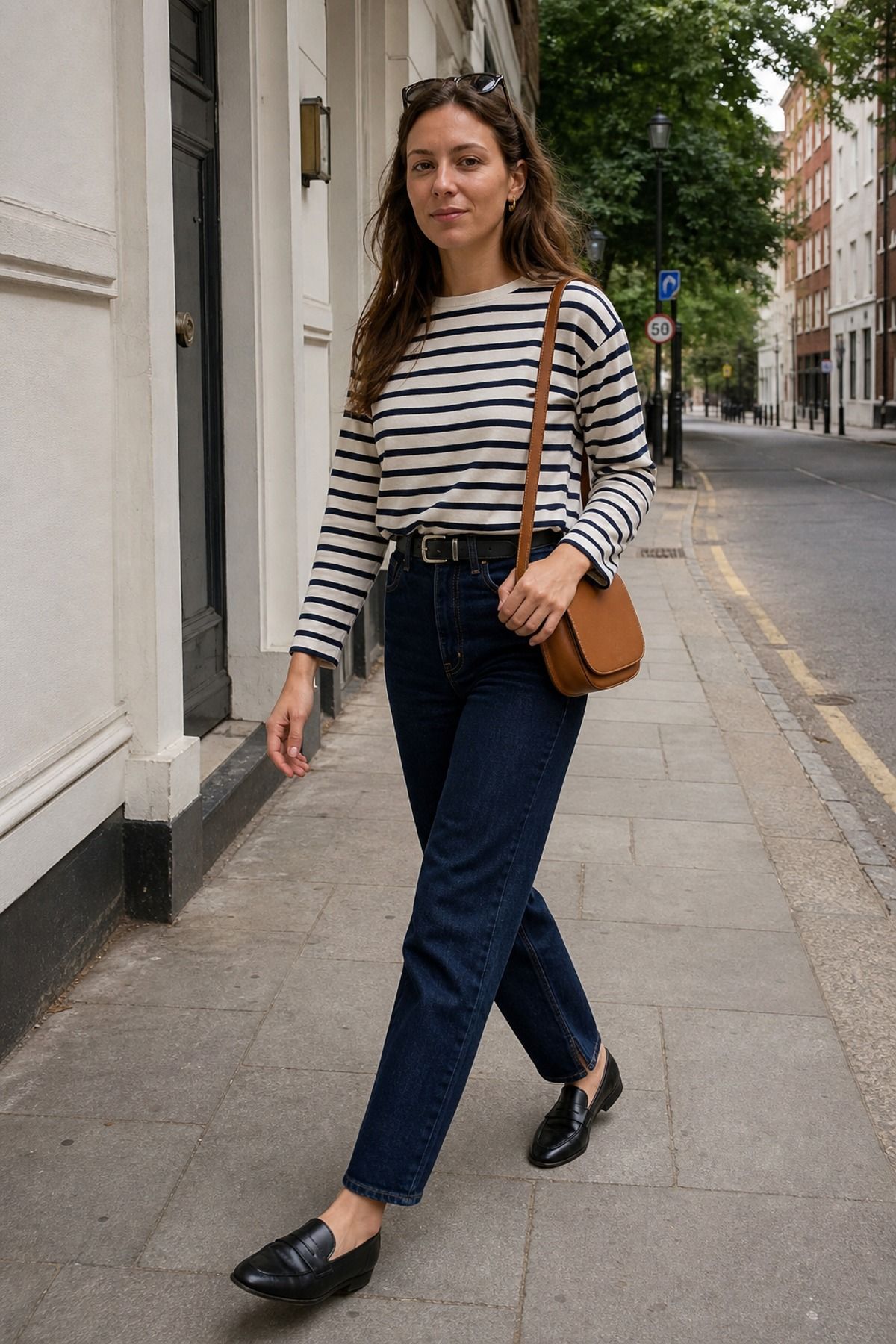 Woman wearing a breton stripe top with dark denim, a French girl casual outfit