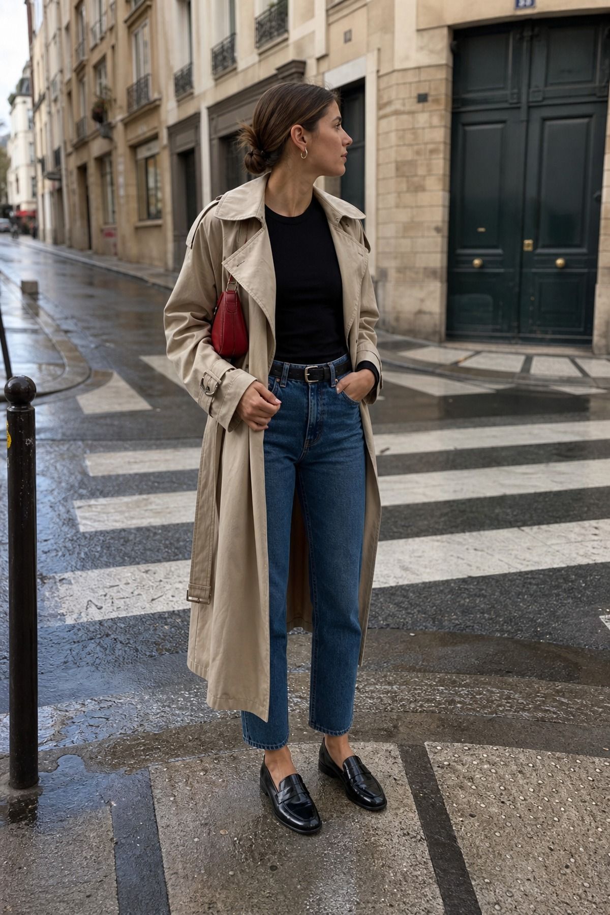 Woman wearing a trench coat with a black tee and loafers, a French girl casual outfit