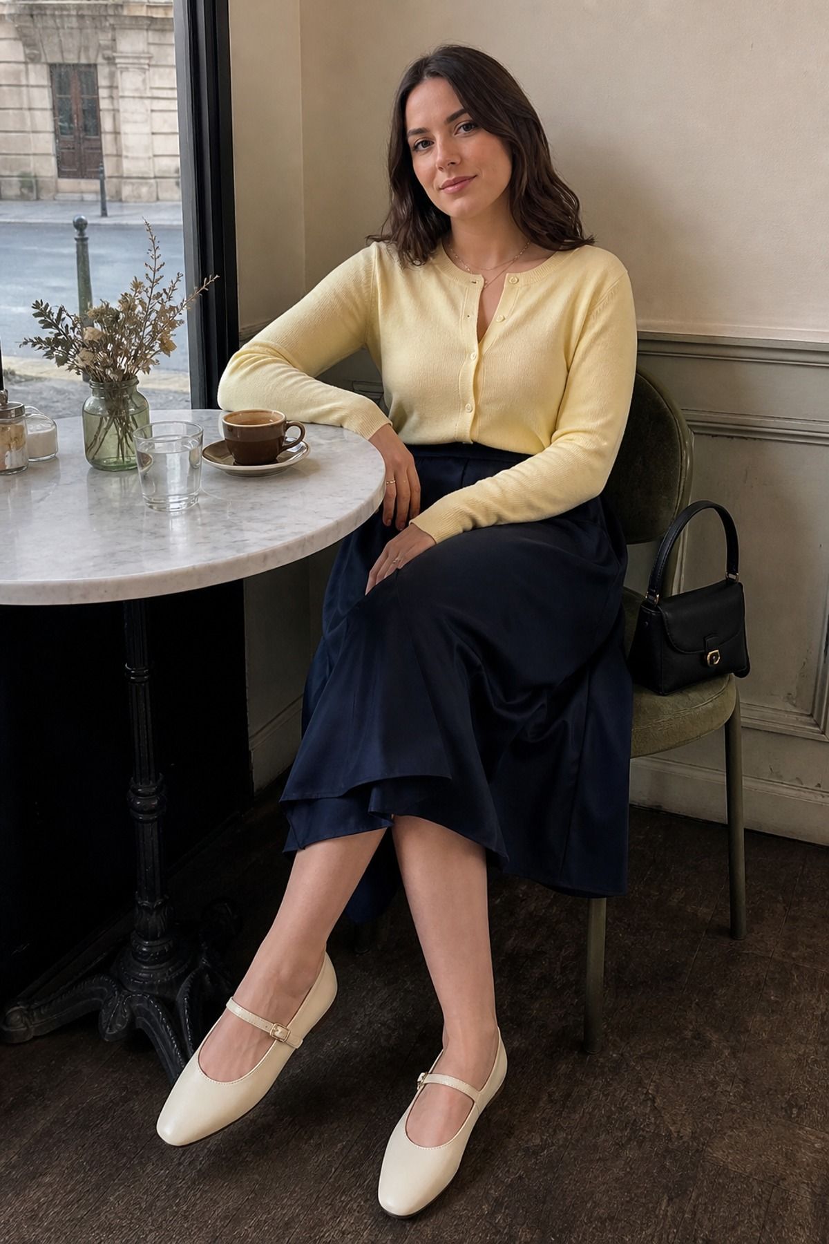 Woman wearing a cardigan worn as a top with a midi skirt, a French girl casual outfit