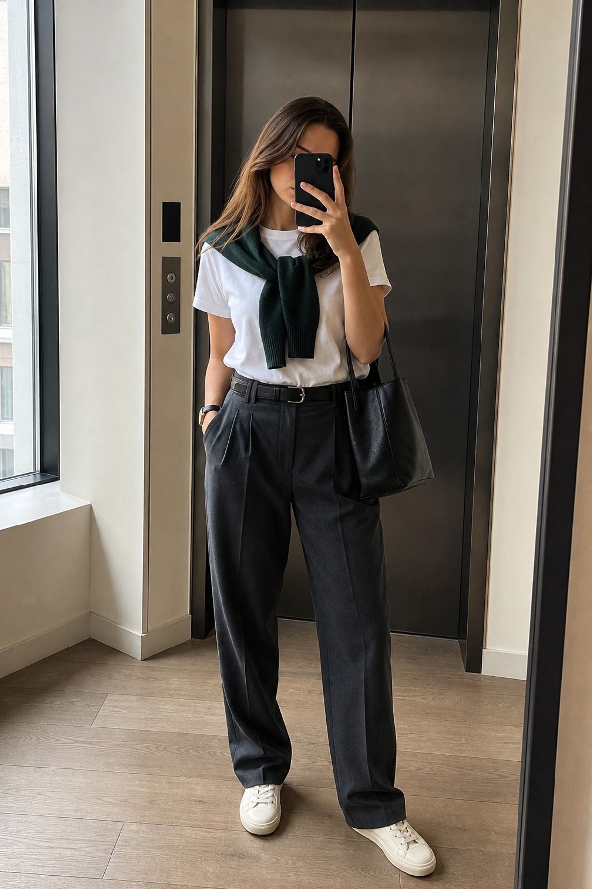 Woman wearing a white tee with tailored trousers, a French girl casual outfit