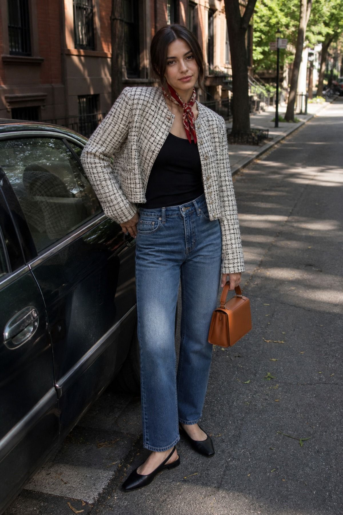 Woman wearing a tweed jacket with relaxed denim, a French girl casual outfit