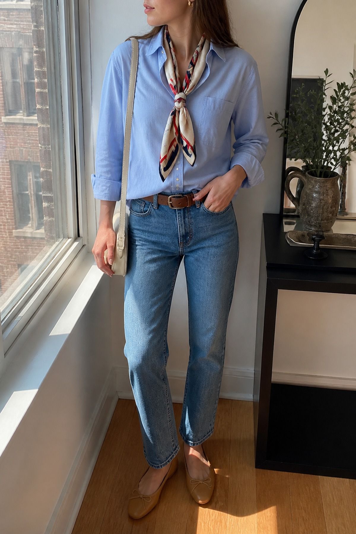 Woman wearing a silk scarf with a button down and jeans, a French girl casual outfit