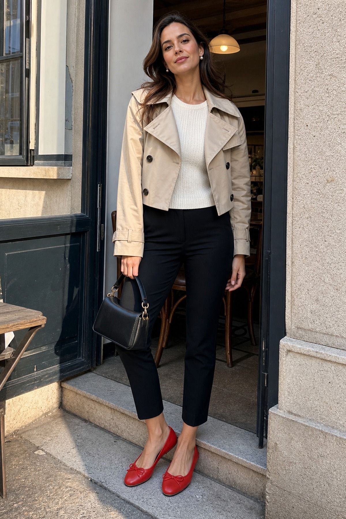 Woman wearing red flats with cigarette pants, a French girl casual outfit