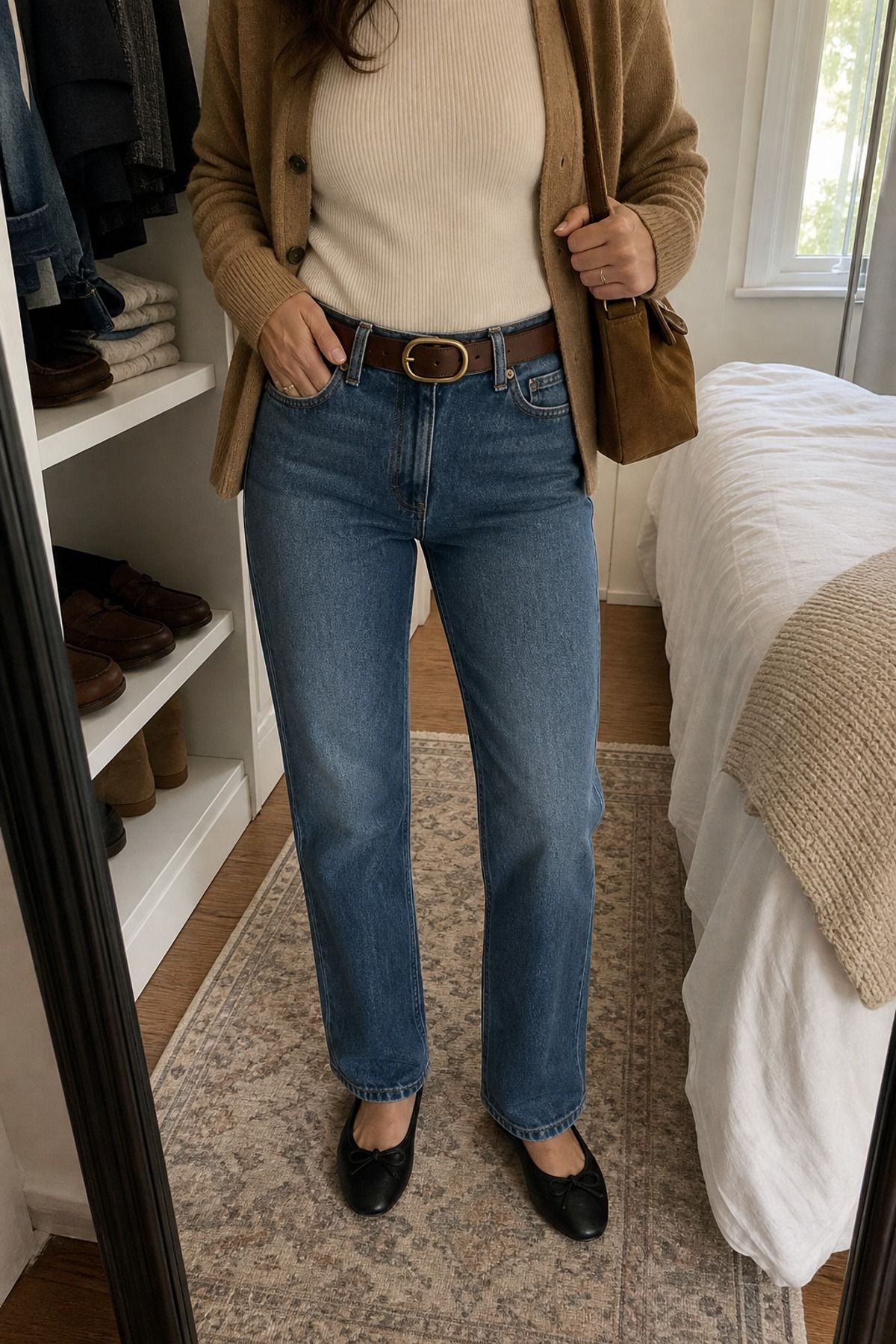 Woman wearing a leather belt with straight jeans, a French girl casual outfit