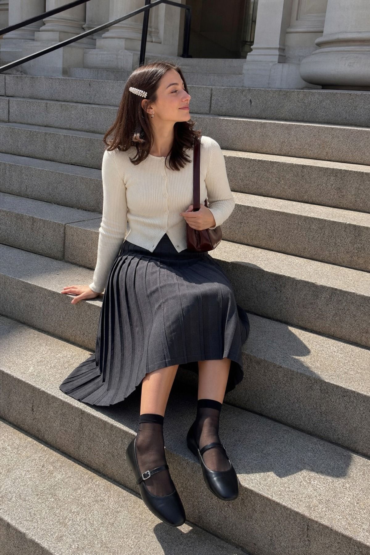 Woman wearing Mary Janes with a pleated skirt, a French girl casual outfit