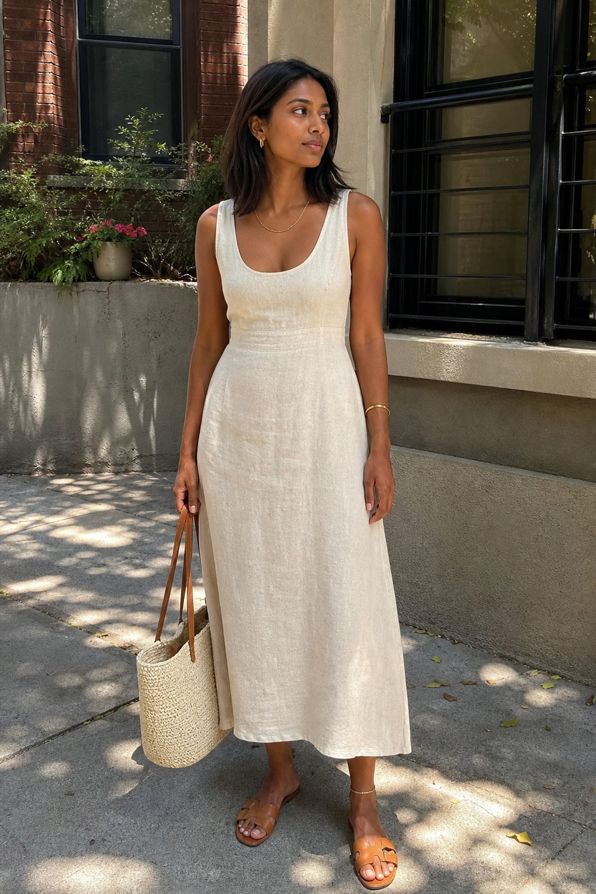 Woman wearing a linen dress with gold jewelry