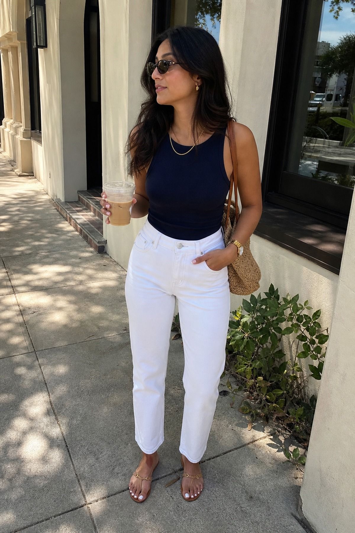 Woman wearing white jeans with gold jewelry
