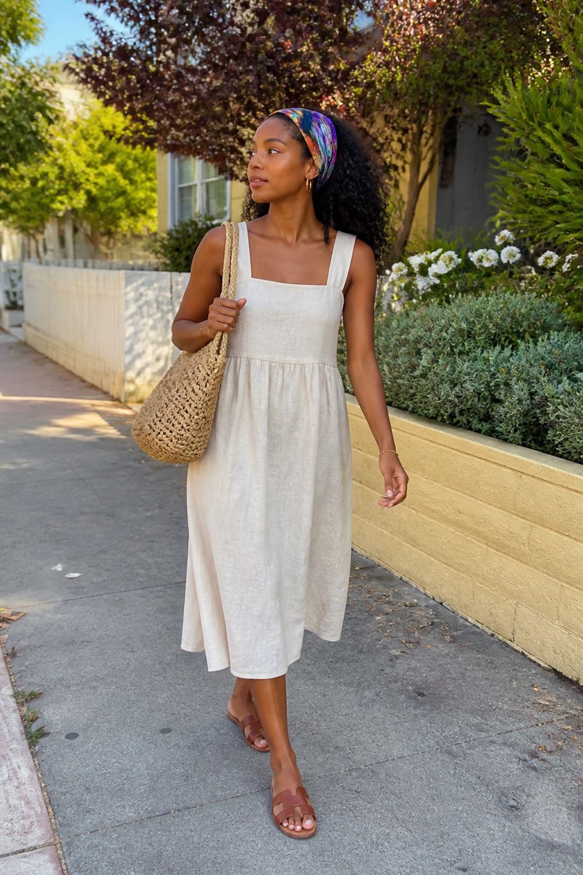 Woman wearing a linen dress with hair scarf