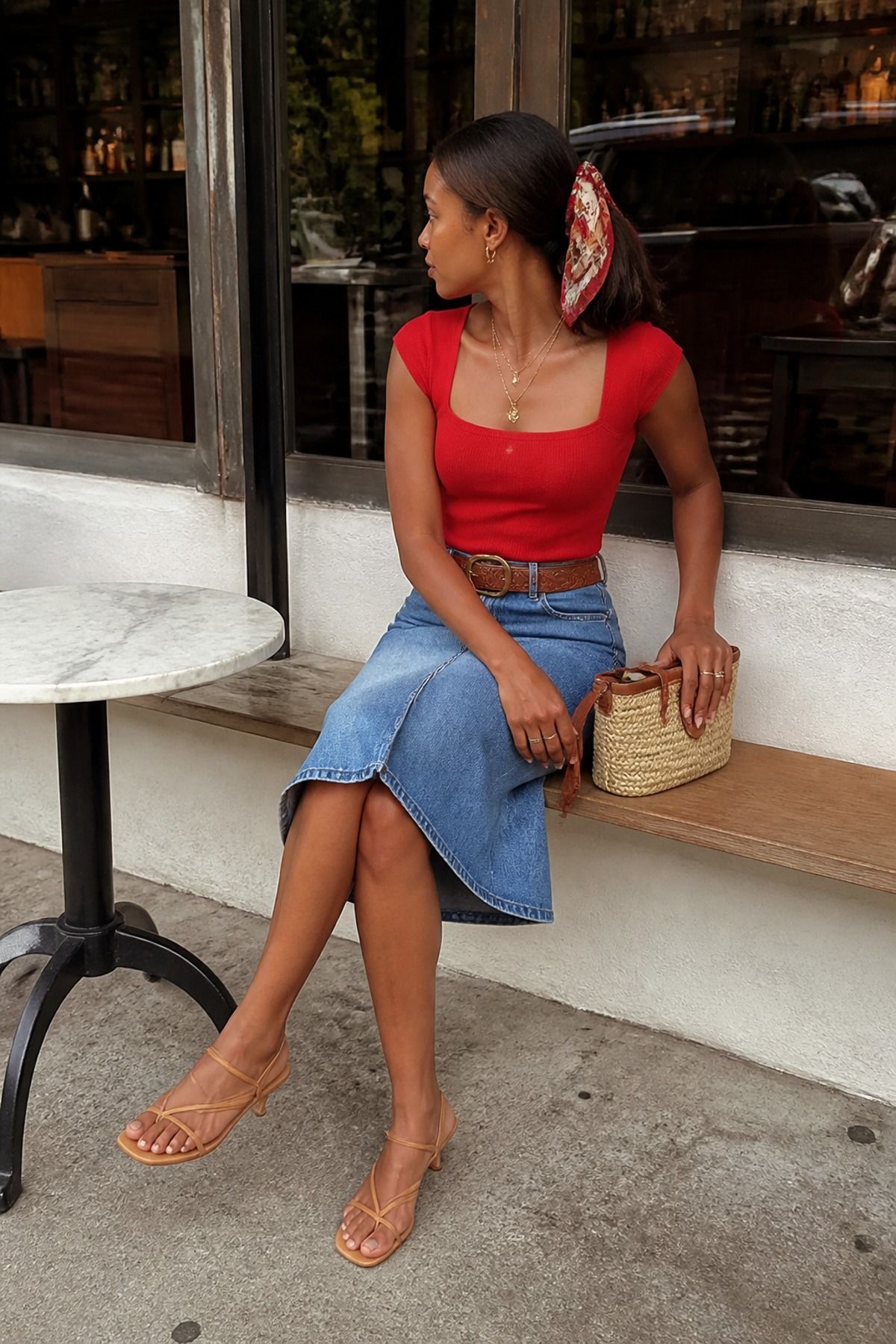 Woman wearing a denim skirt outfit with hair scarf