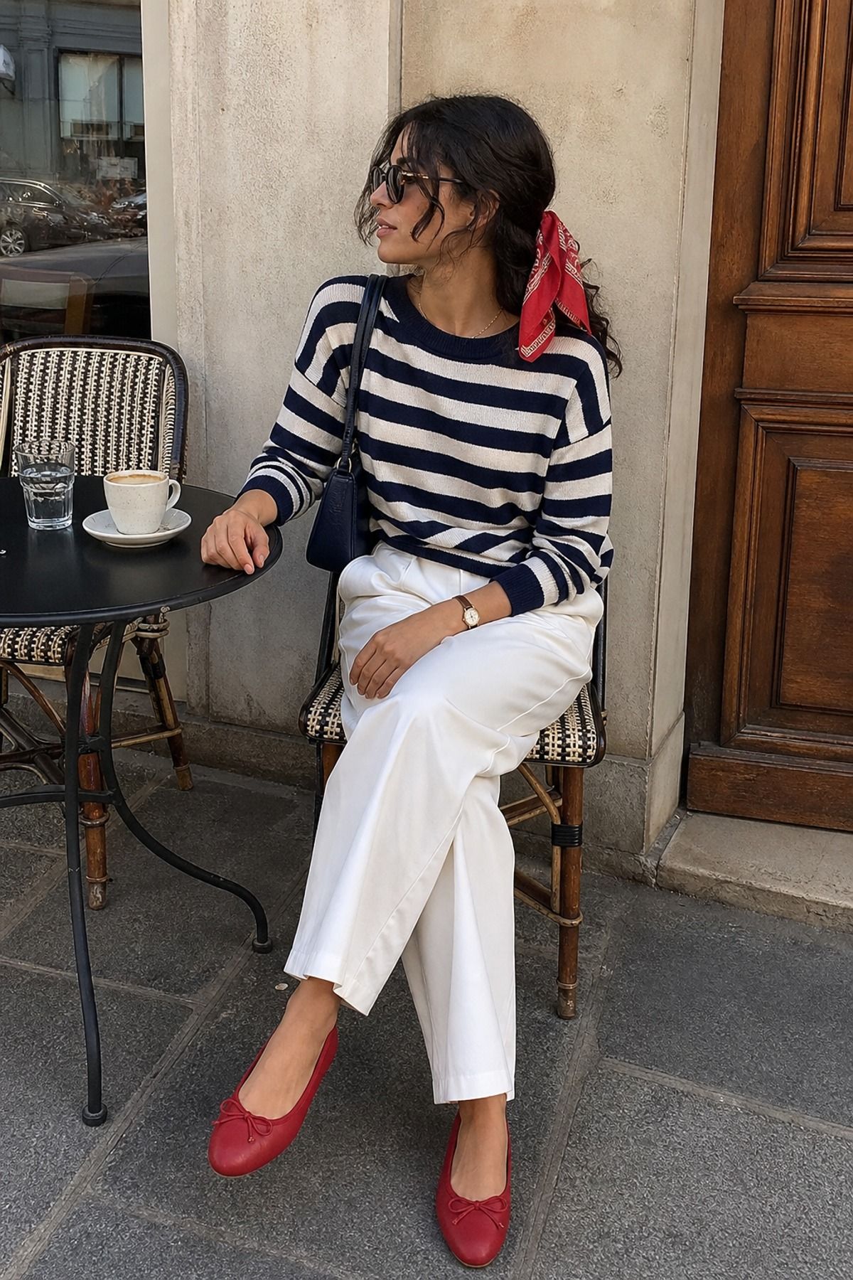 Woman wearing a striped sweater outfit with hair scarf
