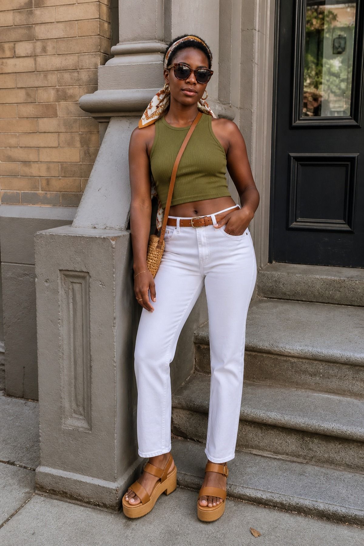 Woman wearing white jeans with hair scarf