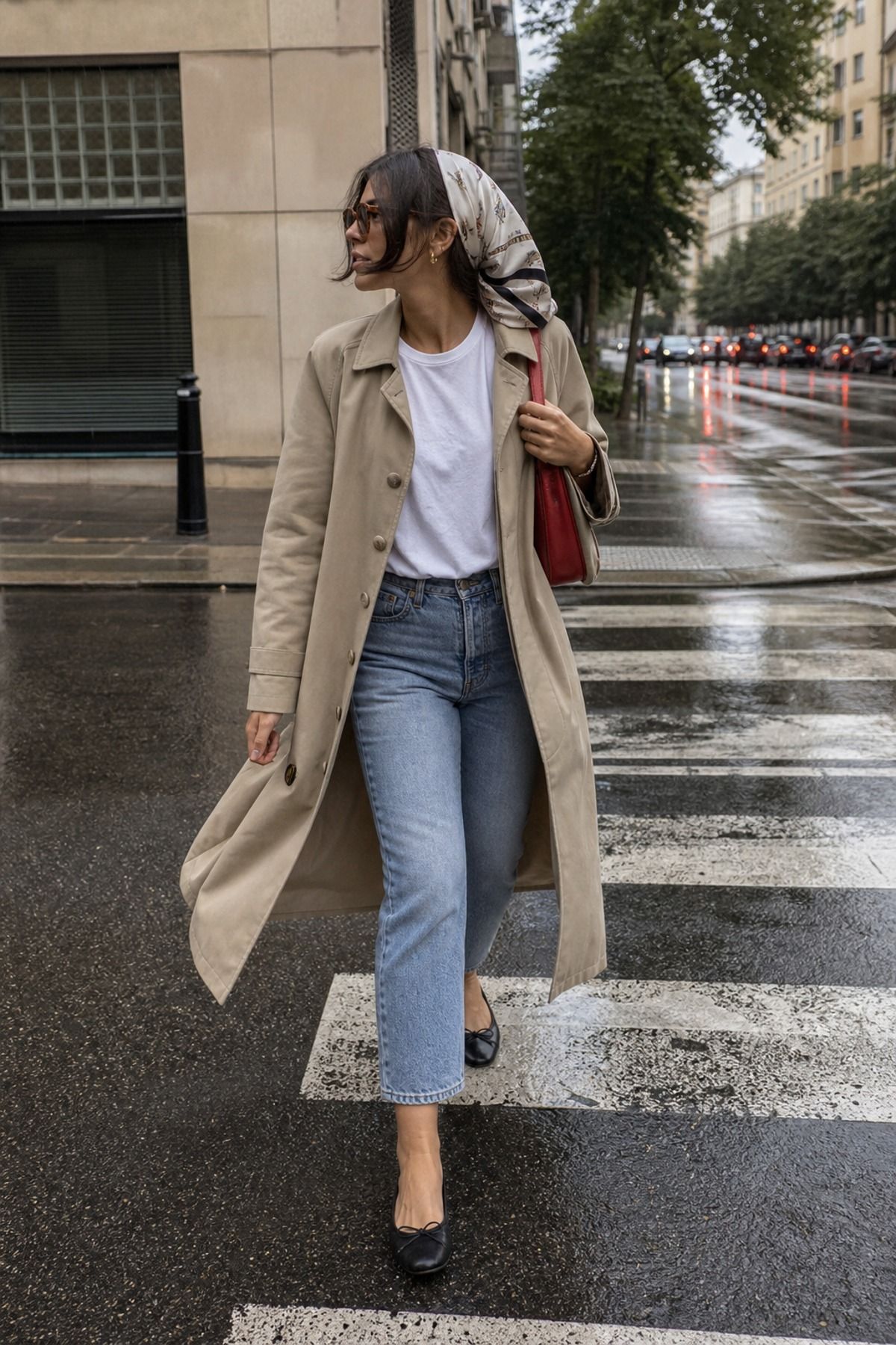 Woman wearing a trench coat outfit with hair scarf
