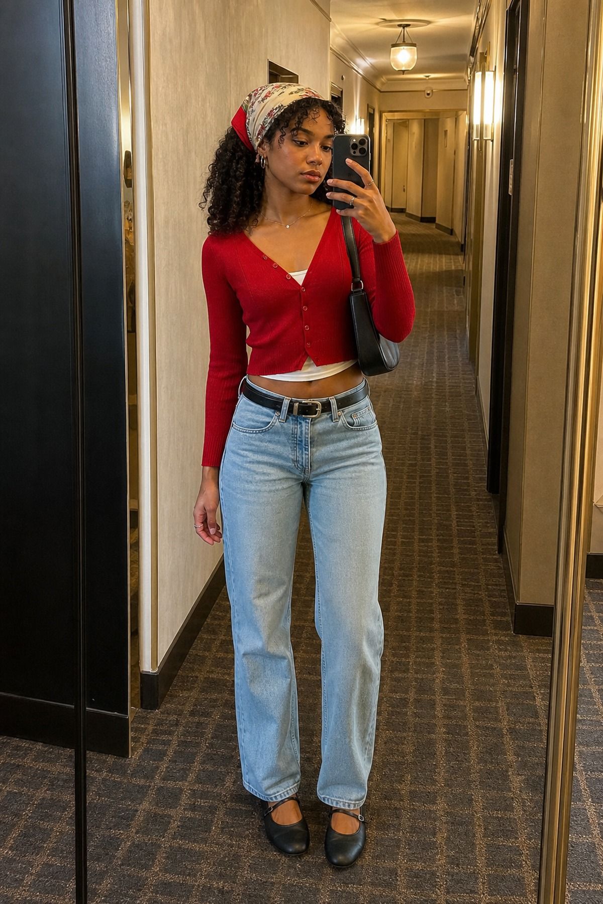 Woman wearing a cardigan and jeans with hair scarf