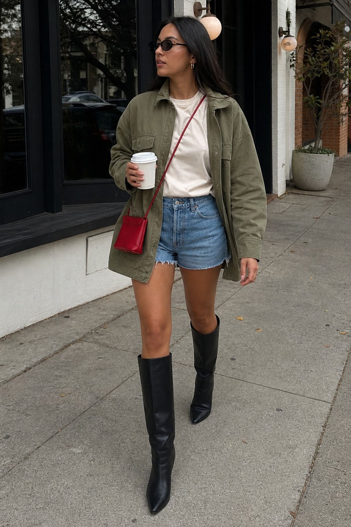 Woman wearing denim shorts with knee-high boots