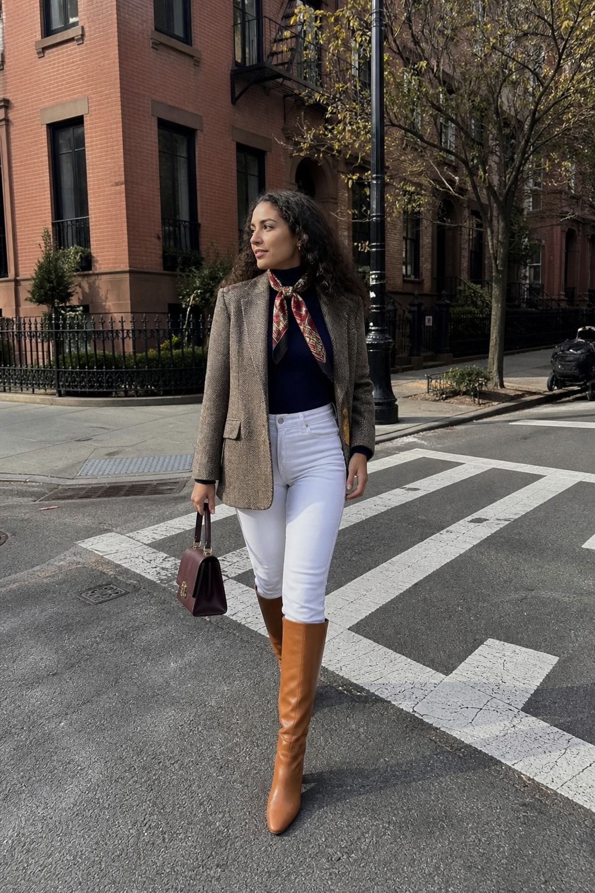 Woman wearing white jeans with knee-high boots