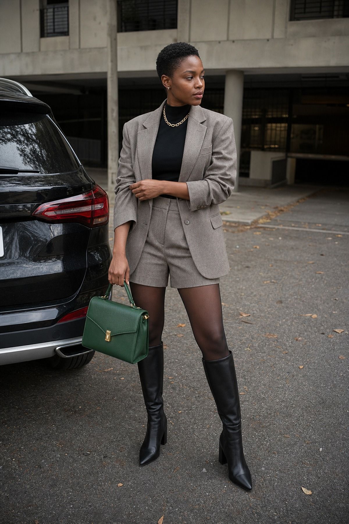 Woman wearing tailored shorts with knee-high boots