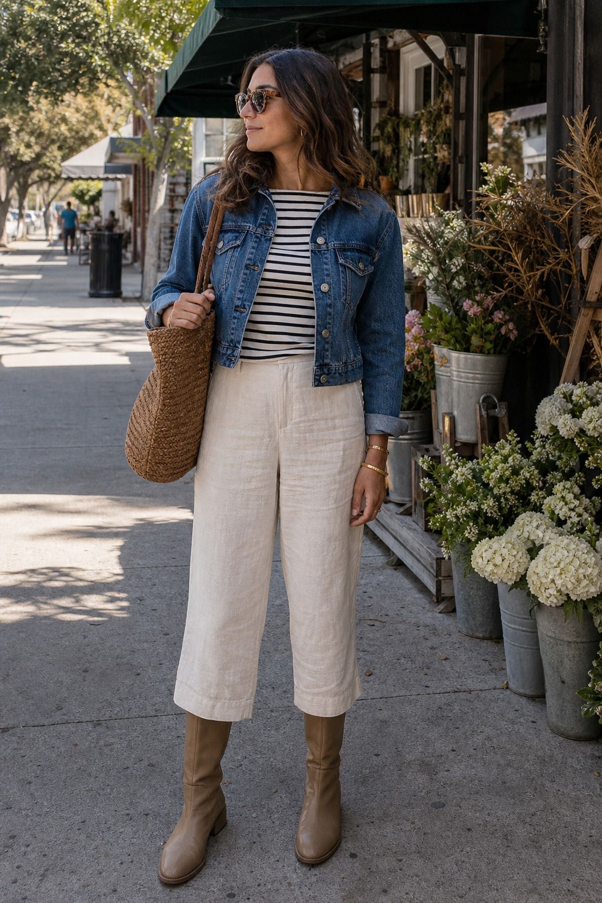 Woman wearing linen pants with knee-high boots