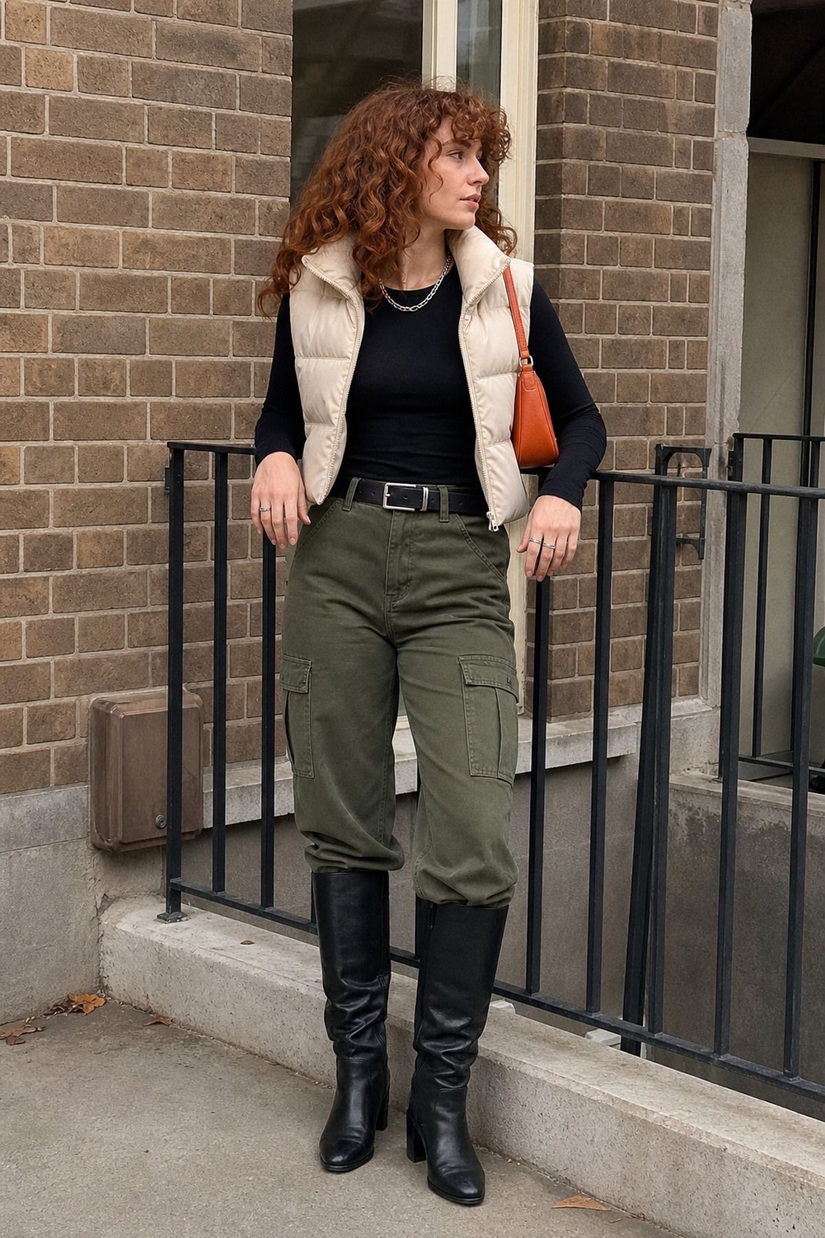 Woman wearing cargo pants with knee-high boots