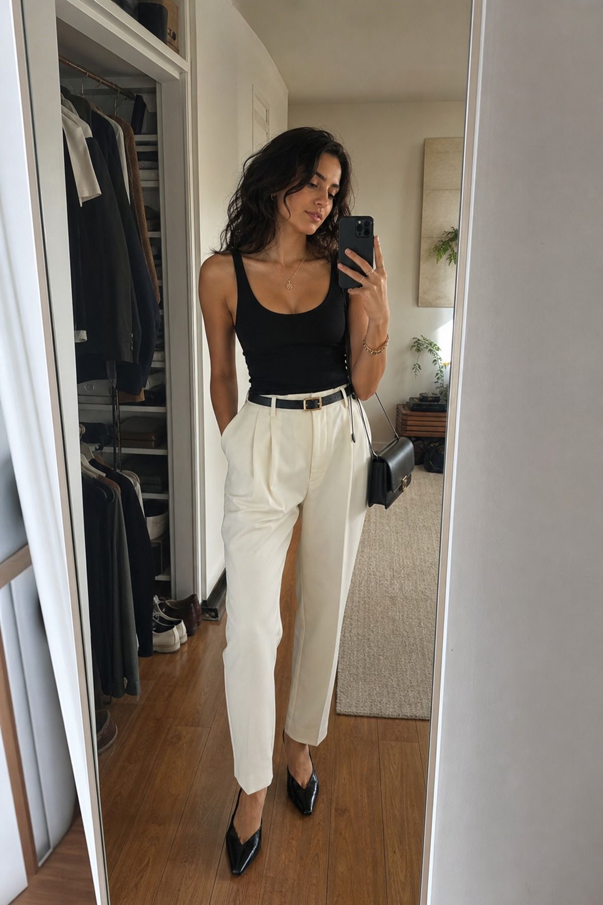 Woman wearing a black tank with ivory trousers, a minimalist outfit