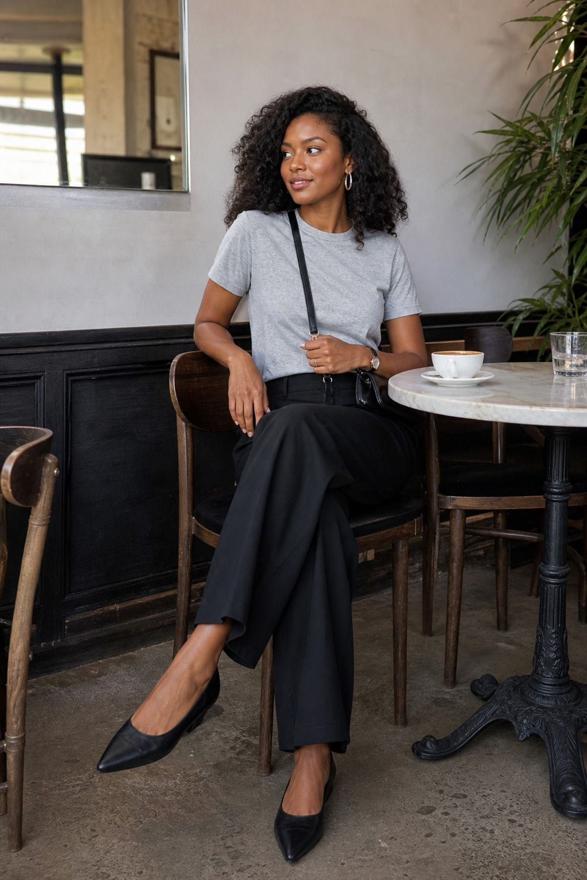 Woman wearing a gray tee with black wide-leg pants, a minimalist outfit