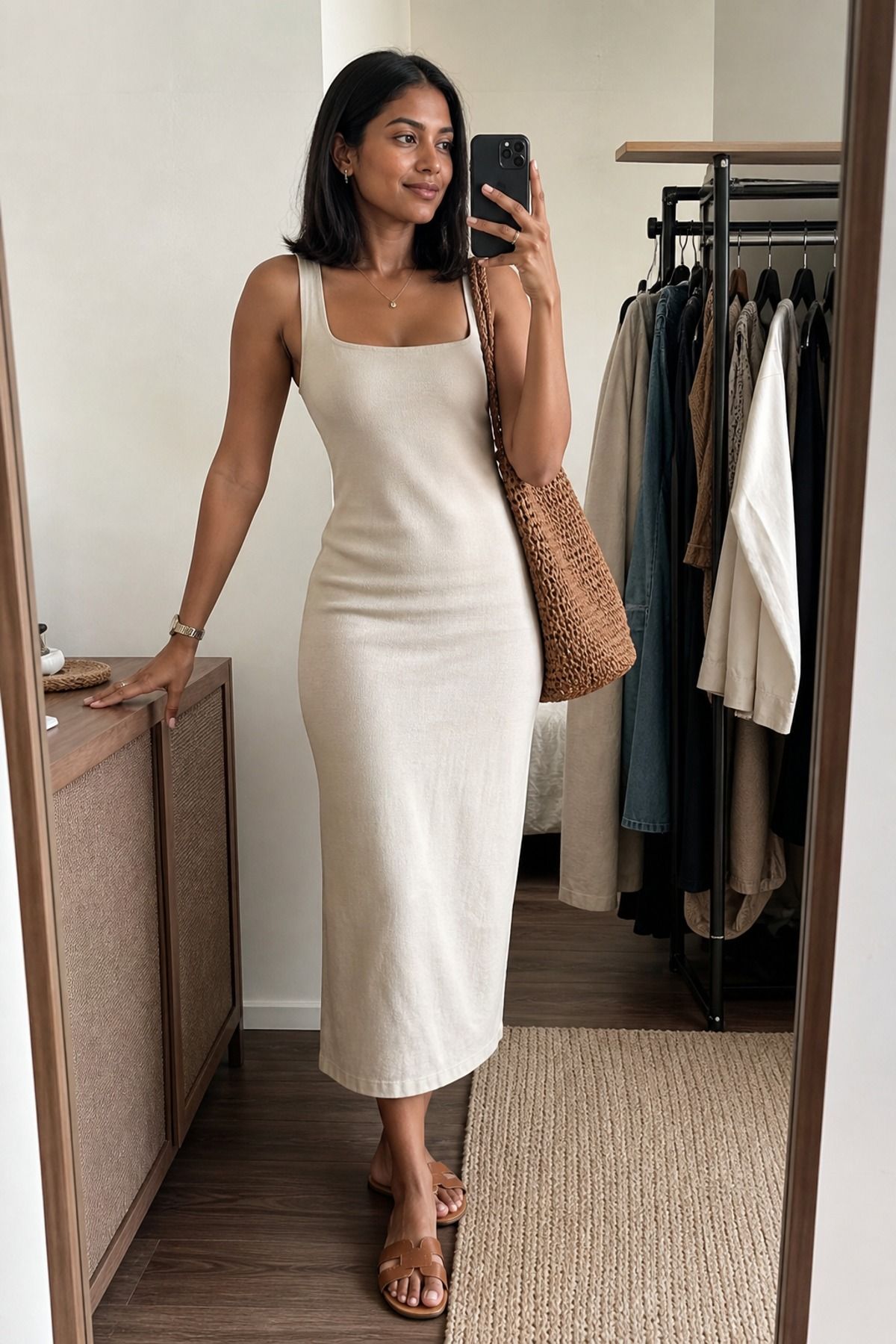 Woman wearing a column dress with flat sandals, a minimalist outfit