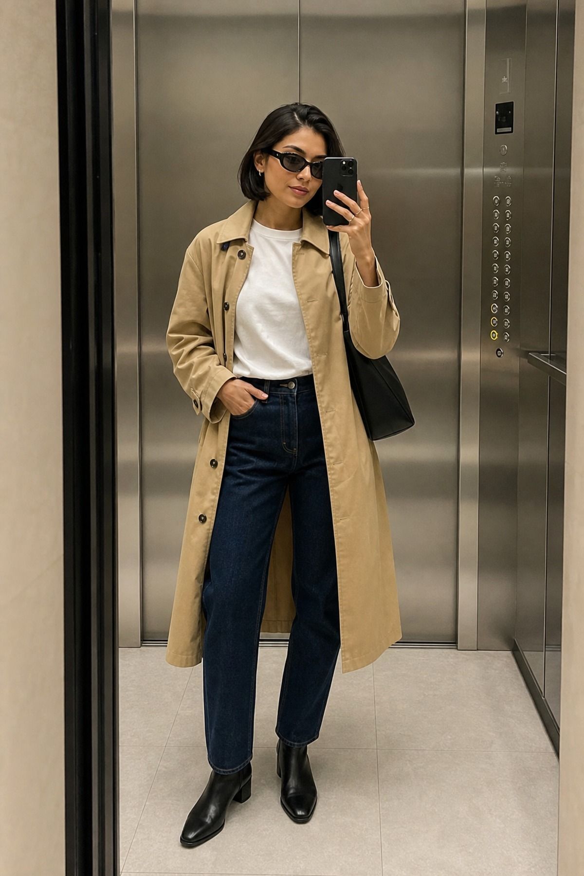 Woman wearing a trench coat with a plain tee, a minimalist outfit