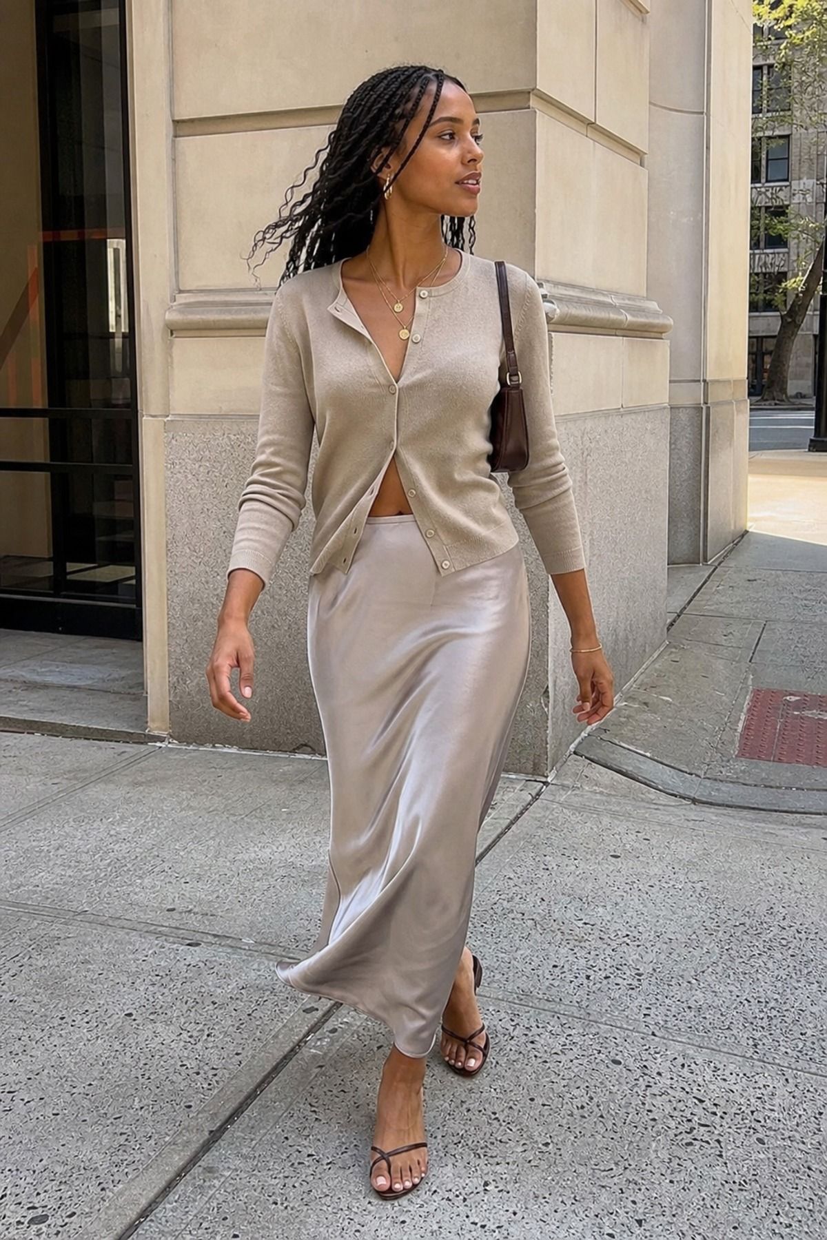 Woman wearing a fine cardigan with a slip skirt, a minimalist outfit