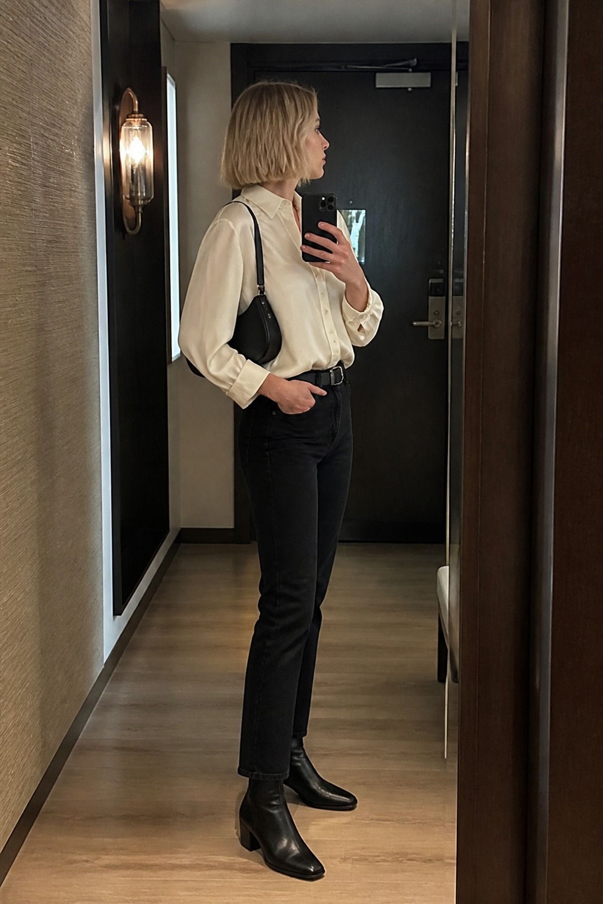 Woman wearing black jeans with a cream blouse, a minimalist outfit