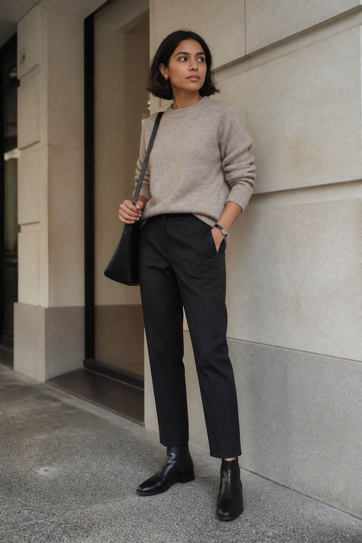 Woman wearing a simple sweater with dark trousers, a minimalist outfit