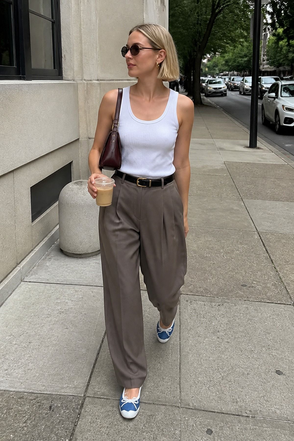 Woman wearing a white tank with loose trousers, a model off duty outfit