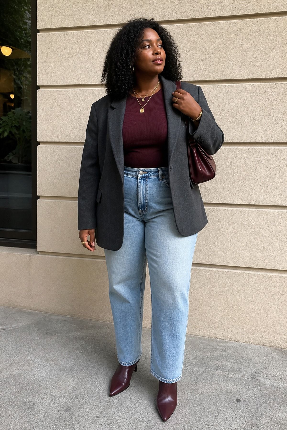 Woman wearing an oversized blazer with relaxed denim, a model off duty outfit
