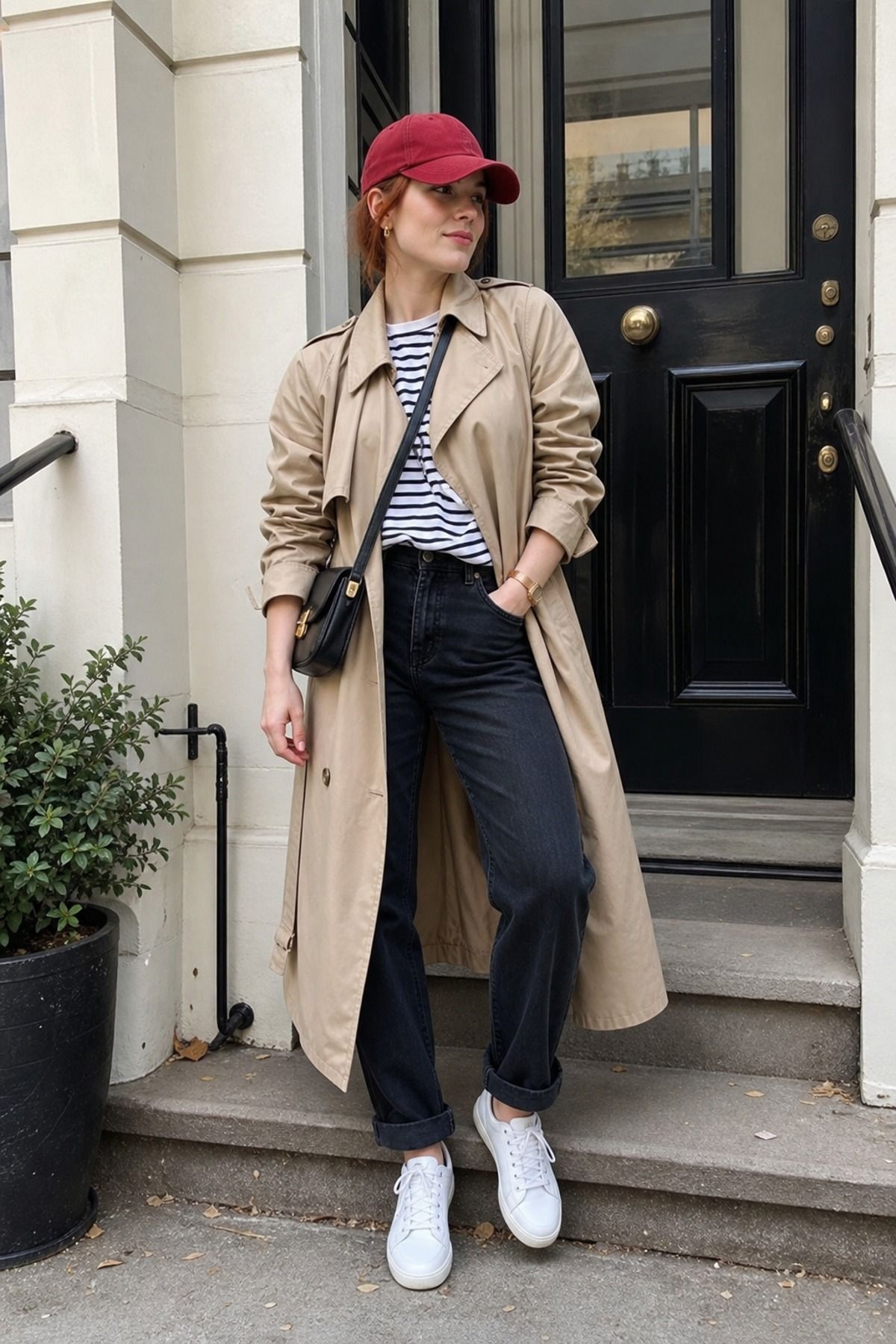 Woman wearing a trench coat with a baseball cap, a model off duty outfit