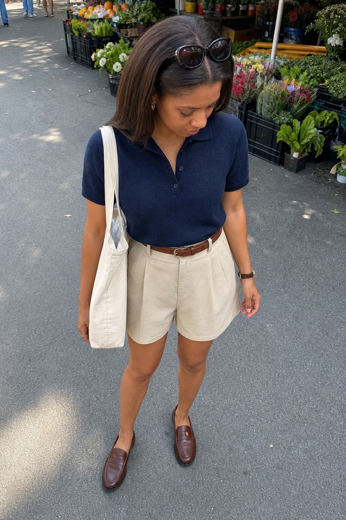 Woman wearing a late-summer polo with tailored shorts