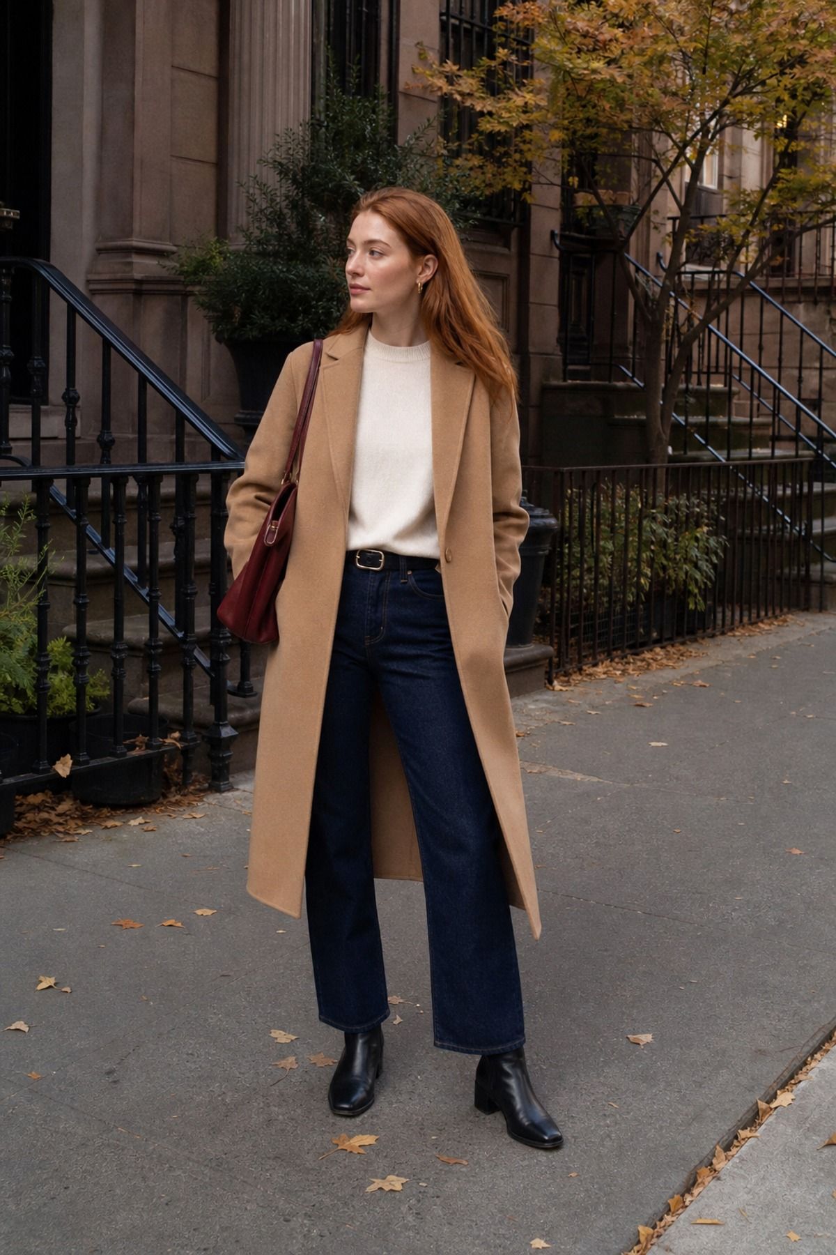 Woman wearing a fall camel coat with dark denim